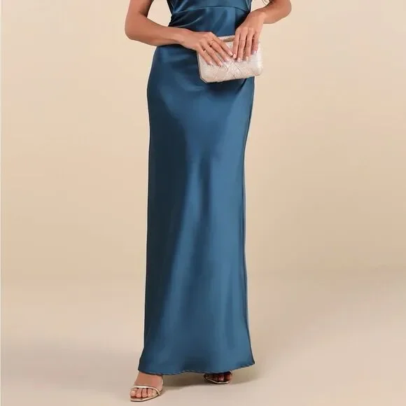 Lulus Captivating Presence Dark Teal Satin Cowl Back Maxi Dress Size Small NEW - Picture 5 of 12